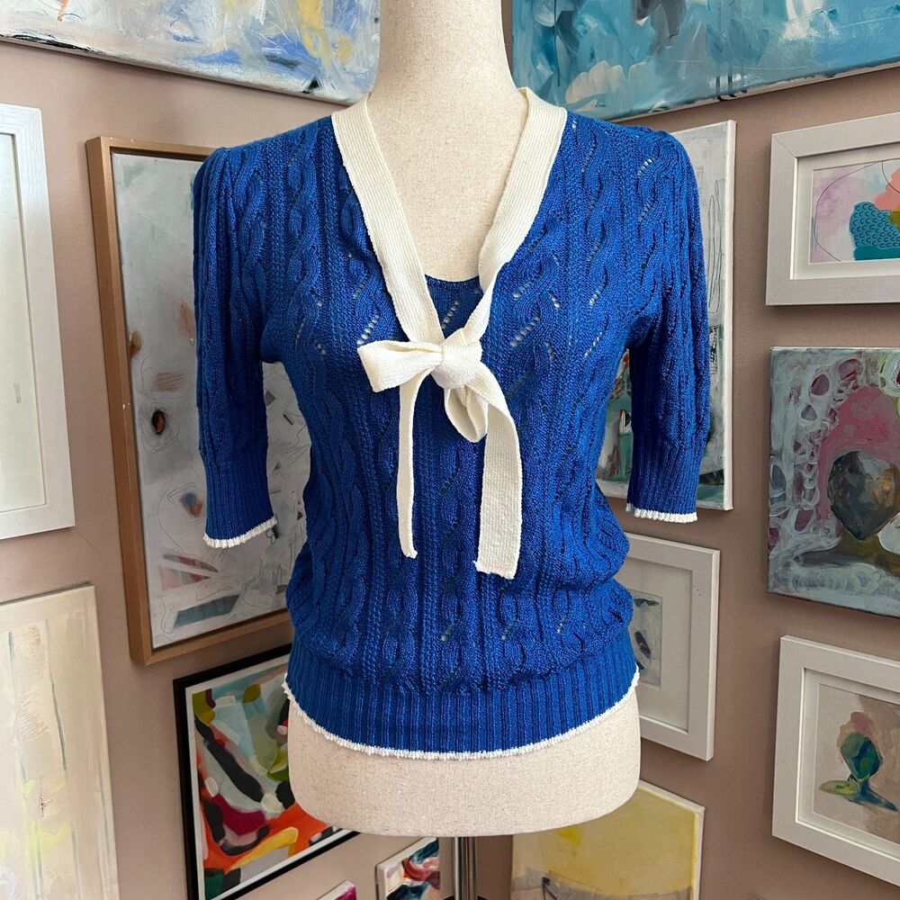 Vintage Nautical R&K Originals Blue Tie Front Crochet Knit Top Fisherman Size 10